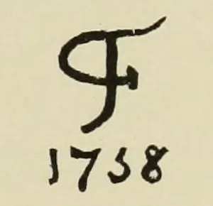 Unter einem gemalten F steht die Jahreszahl 1758. Belegt ist diese Marke auf einem einzelnen Teller mit hellgrünem Grund, durchbrochenem Rand und Purpurmalerei. Eine eigene Farbangabe zu dieser Marke machen die Quellen nicht.