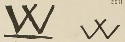 Ein einzelner Großbuchstabe W; nach Chaffers sind zwei Striche verlängert und überkreuzen sich. Laut Inventar des Berliner Kunstgewerbemuseums trug eine Gärtnerfigur (Inv. 1887,1132; erhalten ist nur der Kopf) ein blau unter der Glasur gezeichnetes W. Jaennicke 1878 zeigt ein großes W mit waagerechtem Strich darunter und ein kleineres W mit dünnen Strichen.