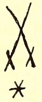 Zu den gekreuzten Schwertern in Unterglasurblau kommt ein kleiner Stern. Nach Chaffers 1886 steht er zwischen den Griffen; auf der Tafel bei Graesse 1910 sitzt er unterhalb davon.